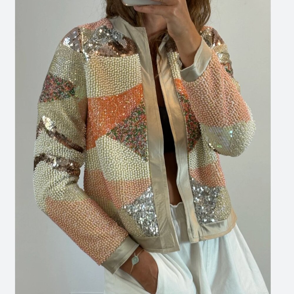Zara Coral Orange Bomber Jacket with Faux Pearl and Beads 3920/042 S NWT